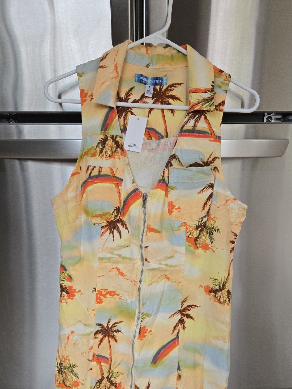 Urban Outfitters Yellow Tropical Zip Front Dress Nwt Sz L Linen Stretch - Picture 2 of 6